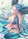  1girl absurdres blue_hair breasts fate/grand_order fate/grand_order_arcade fate_(series) flower green_horns hair_on_horn highres holding holding_flower horns large_breasts large_horns long_hair long_horns looking_at_viewer non-web_source ocean official_art petals pointy_ears smile stomach_tattoo tail tattoo tiamat_(fate) white_background yamanaka_kotetsu 
