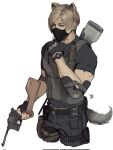  1boy animal_ears belt black_pants black_shirt blonde_hair blue_eyes bulletproof_vest dog_boy dog_ears dog_tail elbow_pads ericson_blum extra_ears fingerless_gloves gloves gun gun_on_back highres holding holding_gun holding_weapon knife_holster leon_s._kennedy looking_to_the_side male_focus mask mouth_mask muscular pants resident_evil resident_evil_4 resident_evil_4_(remake) shirt short_hair solo standing tail thigh_strap watch weapon weapon_on_back white_background wristwatch 