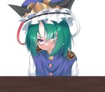  1girl alternate_eye_color angry black_headwear blue_headwear blue_vest buttons commentary english_commentary epaulettes flat_chest frilled_hat frills gazter green_hair hair_between_eyes hat highres looking_at_viewer medium_bangs open_mouth parted_bangs purple_eyes shiki_eiki shirt short_hair simple_background solo table touhou upper_body v-shaped_eyebrows vest white_background white_shirt 