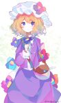  1girl absurdres blonde_hair blush dress flower hat highres long_sleeves looking_at_viewer maribel_hearn mob_cap purple_dress purple_eyes short_hair simple_background solo touhou umemaro_(siona0908) white_background 