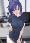  1girl absurdres arm_behind_back awnw black_shirt blue_archive blurry blurry_background blush breasts breath cum cumdrip halo highres indoors looking_at_viewer medium_breasts purple_eyes purple_hair shirt shirt_tug short_sleeves solo steaming_body sweat twitter_username yuuka_(blue_archive) 