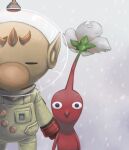  1boy big_nose black_eyes brown_hair buttons closed_eyes cloud cloudy_sky colored_skin commentary_request crack flower gloves height_difference helmet looking_at_viewer naru_(wish_field) no_mouth olimar patch pikmin_(creature) pikmin_(series) pointy_ears pointy_nose radio_antenna red_gloves red_pikmin red_skin short_hair sky snowing space_helmet spacesuit very_short_hair white_flower 