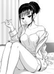  1girl alternate_hairstyle arm_support breasts camisole closed_mouth collarbone commentary_request curtains feet_out_of_frame greyscale hand_up highres holding holding_stylus ichikawa_masahiro indoors jacket long_sleeves looking_at_viewer mima_sachi monochrome on_bed open_clothes open_jacket pillow short_hair short_ponytail shorts sidelocks single_bare_shoulder sitting smile solo strap_slip stylus tablet_pc watashi_ga_motenai_no_wa_dou_kangaetemo_omaera_ga_warui! zipper 