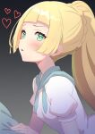  1girl blonde_hair blunt_bangs blush bright_pupils commentary_request eyelashes from_side green_eyes heart lillie_(pokemon) long_hair open_mouth pokemon pokemon_(game) pokemon_sm pon_tanuki_(ga7fsrge9jxblaw) ponytail raised_eyebrows sailor_collar shirt short_sleeves solo upper_body white_pupils white_shirt 