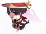  1boy apollo_hotori black_hair blunt_ends from_side genshin_impact gold hat jingasa looking_at_viewer male_focus mandarin_collar parted_lips portrait profile purple_eyes scaramouche_(genshin_impact) short_hair simple_background smile solo white_background 