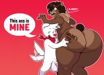  2023 anthro balls bandanna bear bent_over big_balls big_butt body_writing brown_body brown_ears brown_fur brown_hair brown_nose brown_tail brown_tuft butt butt_grab canid canine canis claws digital_media_(artwork) domestic_dog duo english_text fur genitals golde golde_(golde) green_eyes hair hair_over_eye half-closed_eyes hand_on_butt kerchief male mammal motion_lines multicolored_body multicolored_fur narrowed_eyes neck_tuft one_eye_obstructed penis red_background red_bandanna red_kerchief red_nose sharp_teeth short_tail simple_background speech_bubble standing tail tail_motion tailwag teeth text thick_thighs tongue tuft two_tone_body two_tone_fur vein veiny_penis white_body white_ears white_fur white_hair white_tail writing_on_butt 