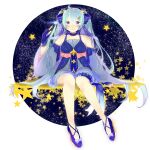  1girl aqua_hair blue_choker blue_dress blue_eyes blue_footwear blush bow choker closed_mouth constellation constellation_print detached_sleeves dress fingerless_gloves footwear_bow gloves hair_ornament hairclip hatsune_miku highres holding holding_wand looking_at_viewer shigi_(bulbasaur39) shoulder_blush sitting smile solo star_(symbol) star_hair_ornament twintails vocaloid wand wide_sleeves yuki_miku yuki_miku_(2017) 