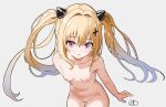  1girl ahneato blonde_hair breasts collarbone completely_nude cone_hair_bun cross_hair_ornament floating_hair gradient_hair grey_hair hair_between_eyes hair_bun hair_intakes hair_ornament highres konjiki_no_yami long_hair multicolored_hair navel nipples nude pussy red_eyes sitting small_breasts solo to_love-ru twintails very_long_hair 