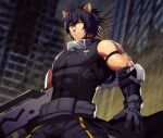  1boy animal_ears arknights bara black_hair broca_(arknights) cat_ears cowboy_shot holding holding_weapon large_pectorals looking_down lvlv male_focus muscular muscular_male pectorals shirt short_hair sleeveless sleeveless_shirt solo weapon yellow_eyes 