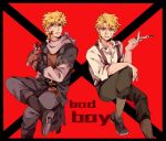  2boys aged_down battle_tendency blonde_hair blood blood_on_face blood_on_weapon caesar_anthonio_zeppeli child crossed_legs dio_brando facial_mark gloves green_eyes holding holding_knife jojo_no_kimyou_na_bouken knife layered_sleeves long_sleeves male_focus multiple_boys phantom_blood red_eyes short_over_long_sleeves short_sleeves suspenders trait_connection weapon zhoujo51 