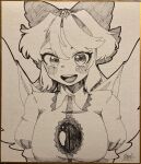  1girl :d bird_wings blush bow breasts cape commentary_request greyscale hair_bow highres large_breasts long_hair monochrome open_mouth reiuji_utsuho shikishi short_sleeves signature simple_background smile solo teeth third_eye touhou traditional_media upper_body upper_teeth_only wings yomogi_0001 