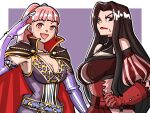  2girls :d bangs bare_shoulders belt blue_belt blunt_bangs breasts brown_cape brown_eyes brown_hair cape chest_strap cleavage closed_mouth collarbone corset cosplay costume_switch dress elbow_gloves english_commentary fire_emblem fire_emblem:_genealogy_of_the_holy_war fire_emblem:_three_houses fire_emblem_heroes frown gloves gold_trim hair_intakes hand_up high_collar hilda_(fire_emblem) hilda_(fire_emblem)_(cosplay) hilda_valentine_goneril hilda_valentine_goneril_(cosplay) large_breasts lips long_hair mnejing30 multiple_girls open_mouth outline pink_eyes pink_hair puffy_sleeves purple_dress purple_gloves red_belt red_cape red_dress red_gloves red_lips ringed_eyes smile striped_sleeves two-tone_cape v-shaped_eyebrows vertical-striped_sleeves very_long_hair white_outline 