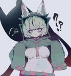  1girl ? ?? breasts closed_mouth clothes_lift colored_skin ddari green_hair green_hoodie green_sweater hair_between_eyes highres hood hood_up hoodie league_of_legends long_sleeves looking_at_viewer medium_breasts navel nipples no_bra no_panties pink_eyes shadow shirt_lift short_hair simple_background sleeves_past_fingers sleeves_past_wrists solo standing stomach sweater thighs vex_(league_of_legends) vex_shadow_(league_of_legends) yordle 