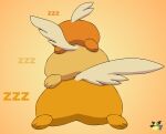  2023 ambiguous_gender artist_logo butt butt_stack featureless_crotch feral fur generation_9_pokemon group logo nintendo orange_background orange_body orange_fur pawmi pawmo pawmot pichu90 pokemon pokemon_(species) rear_view simple_background sleeping sound_effects trio vowelless vowelless_sound_effect zzz 