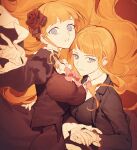  2girls aluce beatrice_(umineko) black_jacket blue_eyes bow breasts closed_mouth collared_shirt dress dual_persona floating_hair flower hair_flower hair_ornament hand_grab hand_on_another&#039;s_waist holding_hands jacket large_breasts long_hair long_sleeves looking_at_viewer multiple_girls multiple_views necktie open_clothes open_jacket orange_hair outstretched_arm outstretched_hand pink_bow pink_necktie puffy_sleeves serious shirt sidelocks simple_background umineko_no_naku_koro_ni upper_body white_shirt 