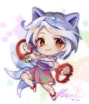  1girl animal_ears barefoot blush closed_mouth dated dog_ears dog_tail foothold_trap full_body grey_hair highres mitsugashira_enoko multicolored_hair multiple_tails orange_eyes pink_skirt purple_shirt shirt short_hair signature skirt smile solo tail touhou unfinished_dream_of_all_living_ghost user_rrkc4285 