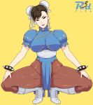 1girl artist_name bracelet breasts brown_eyes brown_hair chinese_clothes chun-li double_bun hair_bun hand_on_own_leg highres jewelry lipstick looking_at_viewer makeup medium_breasts pantyhose pelvic_curtain pink_lips r3dfive smile solo spiked_bracelet spikes spread_legs squatting street_fighter thick_thighs thighs watermark white_footwear yellow_background 