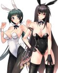  2girls animal_ears arm_strap bare_shoulders black_bow black_bowtie black_hair black_hairband black_leotard black_pantyhose black_sleeves black_thighhighs blue_eyes blue_ribbon blunt_bangs blush bow bowtie breasts cleavage closed_mouth commentary_request crossed_bangs dated detached_collar fake_animal_ears feet_out_of_frame hair_between_eyes hairband hand_on_own_hip highres kawakami_momoyo large_breasts leotard long_hair looking_at_viewer low_twintails maji_de_watashi_ni_koi_shinasai! mayuzumi_yukie multiple_girls neck_ribbon pantyhose playboy_bunny rabbit_ears rabbit_tail red_eyes ribbon signature simple_background smile standing strapless strapless_leotard tail thighhighs twintails twitter_username very_long_hair white_background white_leotard white_ribbon wrist_cuffs yoo_tenchi 