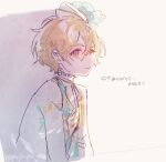  1boy blonde_hair closed_mouth ensemble_stars! facing_to_the_side green_vest grey_background jacket long_sleeves looking_at_viewer male_focus mashiro_tomoya multicolored_background orange_eyes pink_background rinndouk shirt sketch smile solo translation_request vest white_jacket white_shirt 