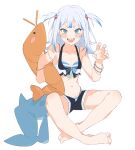  1girl absurdres animal bare_shoulders barefoot belt bikini bikini_under_clothes bikini_under_shorts blue_bikini blue_eyes blush breasts claw_pose ebi-chan_(gawr_gura) feet fins fish_tail front-tie_bikini_top front-tie_top gawr_gura hair_ornament hairclip highleg highleg_bikini highres hikkishi holding holding_animal hololive hololive_english hololive_summer_2023_swimsuit layered_bikini looking_at_viewer midriff multicolored_hair navel official_alternate_costume open_mouth panty_straps shark_girl shark_hair_ornament shark_tail sharp_teeth short_hair simple_background small_breasts smile stomach streaked_hair striped striped_bikini swimsuit tail teeth tongue two_side_up virtual_youtuber white_background white_belt 