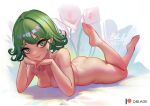  1girl ass barefoot breasts closed_mouth collarbone completely_nude feet_up flower full_body green_eyes green_hair green_nails hand_on_own_hip looking_at_viewer lying nail_polish nipples nude on_stomach one-punch_man patreon_username pink_flower qblade short_hair small_breasts smile solo tatsumaki the_pose toenail_polish toenails 