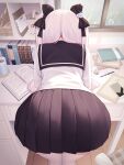  1girl absurdres ass ass_focus back bent_over black_ribbon book cellphone close-up commentary_request desk from_behind hair_ornament hair_ribbon highres huge_ass long_hair niliu_chahui original phone revision ribbon school_uniform serafuku skirt smartphone solo thighs tokisaki_mio two_side_up white_hair 