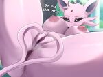  2023 anthro anthrofied areola big_breasts bodily_fluids breasts dialogue digital_media_(artwork) eeveelution english_text espeon female generation_2_pokemon genital_fluids genitals hi_res nintendo nipples nude outside pokemon pokemon_(species) pussy pussy_juice sana!rpg solo spread_legs spreading text 