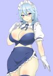  1girl blue_background blue_eyes braid breasts cleavage closed_mouth cowboy_shot gloves grey_hair highres huge_breasts izayoi_sakuya maid maid_headdress medium_hair one-hour_drawing_challenge shirokumall short_sleeves side_braids simple_background smile solo thighhighs thighs touhou twin_braids white_gloves 