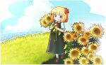  1girl ascot black_skirt black_vest blonde_hair blue_sky closed_mouth cloud commentary flower hair_ribbon highres holding holding_flower outdoors red_ascot red_eyes red_footwear red_ribbon ribbon rumia shirt short_sleeves skirt sky smile socks solo sunflower touhou vest white_shirt white_socks yoirone 