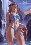  1girl absurdres ass_visible_through_thighs blue_eyes blue_panties breasts cinderella_bust commentary copyright_request crown english_commentary forehead_jewel hair_tubes highres lace-trimmed_panties lace_trim lingerie long_hair long_pointy_ears looking_at_viewer medium_breasts misamiart panties pointy_ears princess_zelda solo standing the_legend_of_zelda thick_thighs thighs underwear underwear_only very_long_hair wading water wet 