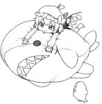  1girl bow commentary_request crystal flandre_scarlet greyscale hat hat_bow highres long_sleeves medium_hair mob_cap monochrome no_shoes oninamako simple_background slit_pupils smile socks solo stuffed_animal stuffed_shark stuffed_toy touhou white_background wings 