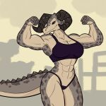  abs anthro bethesda_softworks big_breasts bra breasts cleavage clothed clothing deathclaw fallout female flexing flexing_bicep hi_res horn looking_at_viewer muscular muscular_female panties scalie smile smiling_at_viewer solo solo_focus sstarr tail teeth underwear 
