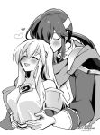  1boy 1girl bare_shoulders blush breasts brother_and_sister cape circlet closed_eyes fire_emblem fire_emblem:_genealogy_of_the_holy_war greyscale headband holding hug hug_from_behind implied_incest jewelry julia_(fire_emblem) long_hair monochrome open_mouth ponytail seliph_(fire_emblem) siblings yukia_(firstaid0) 