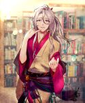  1boy androgynous araragi_natsuki black_shawl blurry blurry_background bookshelf brown_kimono bungou_to_alchemist cowboy_shot cowlick earrings finger_to_mouth fingernails fringe_trim grey_hair hair_between_eyes hair_ornament hair_stick hand_up highres indoors japanese_clothes jewelry kimono library long_bangs long_hair looking_at_viewer male_focus multicolored_clothes multicolored_kimono outstretched_hand parted_lips pink_kimono pinky_to_mouth ponytail purple_sash sash see-through see-through_shawl shawl sidelocks smile solo tanizaki_junichirou_(bungou_to_alchemist) tareme tassel yellow_eyes 