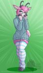  absurd_res anthro clothed clothing curvy_figure deer digital_media_(artwork) eyewear girly glasses hi_res jumper leggings legwear looking_at_viewer male mammal marvelous_managerie simple_background solo solo_focus 