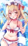  1girl bikini blonde_hair bow breasts cleavage commentary_request crystal flandre_scarlet hair_bow hat highres horizon long_hair looking_at_viewer mob_cap navel one_side_up open_mouth orange_eyes outdoors red_bow red_eyes shirotsuki_shirone solo swimsuit touhou white_bikini white_headwear wings 
