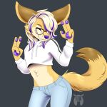  1:1 2019 anthro biped blonde_hair bottomwear brown_ears brown_tail canid canine clothing crop_top crop_top_hoodie denim denim_clothing dipstick_tail eyewear female fennec fleurfurr fox fur gesture glasses grey_background grin hair hi_res jeans mammal markings multicolored_ears multicolored_hair pants pawpads pince-nez purple_hair purple_nose purple_pawpads shirt simple_background smile solo tail tail_markings topwear two_tone_ears two_tone_hair two_tone_tail v_sign white_body white_fur yellow_body yellow_ears yellow_fur yellow_tail 