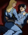  1boy 1girl aina-san amestris_military_uniform black_eyes black_hair blonde_hair blue_jacket brown_eyes earrings fullmetal_alchemist hand_on_another&#039;s_shoulder hand_on_another&#039;s_waist highres jacket jewelry long_hair looking_at_another military_uniform pants riza_hawkeye roy_mustang short_hair sitting sitting_on_lap sitting_on_person smile straddling stud_earrings uniform 