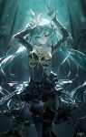  1girl ahoge aqua_eyes aqua_hair arms_up black_thighhighs blurry blurry_background breasts collarbone crown dress garter_straps hatsune_miku highres long_hair looking_at_viewer medium_breasts qys3 solo thighhighs twintails vocaloid 