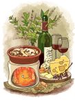  1boy bottle bowl calcifer cheese cooking copyright_name crossed_legs cup drinking_glass elemental_(creature) food highres howl_no_ugoku_shiro leaf looking_at_viewer mushroom no_humans one_eye_closed rikaco1988 smile still_life studio_ghibli vase wine_bottle wine_glass 