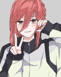  1boy blue_lock chigiri_hyoma ehqh9d grey_background grin hands_up highres jacket long_hair long_sleeves looking_at_viewer male_focus red_eyes red_hair simple_background sketch sleeves_past_wrists smile solo upper_body v white_jacket 
