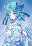  1girl arm_cutout asymmetrical_dress blue_eyes blue_hair blurry braided_hair_rings closed_mouth douluo_dalu dress earrings hair_ornament highres jewelry long_hair long_sleeves necklace solo tang_wutong_(douluo_dalu) upper_body white_dress yao_laoban 
