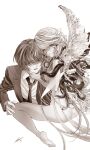  1boy 1girl angel_wings ass aya_carmine body_horror clothed_male_nude_female collared_shirt cropped_torso flower_wings formal greyscale hand_on_another&#039;s_chin hetero highres hitomi_hirosuke_(sayonara_wo_oshiete) leaf_wings long_hair looking_at_viewer mismatched_wings monochrome necktie nude open_mouth plant_wings sayonara_wo_oshiete shirt simple_background sitting smile snake sugamo_mutsuki suit tendril tentacles very_long_hair wariza white_background wings 