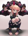  1girl absurdres blonde_hair blunt_bangs boku_no_hero_academia breasts briar_(league_of_legends) briar_(league_of_legends)_(cosplay) claw_pose colored_skin commentary cosplay double_bun earrings english_commentary fangs feet fingernails full_body gradient_background grin hair_bun highres jewelry knees knees_up league_of_legends long_fingernails mixed-language_commentary nail_polish no_shoes pointy_ears red_nails shadow sharp_fingernails sidelocks simple_background smile solo teeth toeless_legwear toenail_polish toenails toes toga_himiko tongue unusualpie very_long_fingernails wrist_cuffs yellow_eyes 