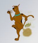  bite biting_lip blue_collar canid canine canis collar domestic_dog eyes_closed fart fart_cloud hand_fan hanna-barbera hi_res killmemeow male mammal raised_leg raised_tail scooby-doo scooby-doo_(series) solo tail tail_pull text 