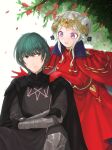  1boy 1girl armor blue_eyes byleth_(fire_emblem) byleth_(male)_(fire_emblem) cape couple crown edelgard_von_hresvelg fire_emblem fire_emblem:_three_houses flower gloves green_hair hand_on_another&#039;s_shoulder hetero highres horns kabanshi long_hair looking_at_another open_mouth purple_eyes red_cape short_hair simple_background sitting smile tree white_background white_hair 
