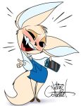  2023 aggretsuko anthro artist_name big_ears biped black_sclera black_text blush bottomwear canid canine cellphone clothed clothing colored digital_drawing_(artwork) digital_media_(artwork) fangs female fennec fenneko fingers fluffy fluffy_tail fox fox_tail fur head_tuft hi_res holding_cellphone holding_object holding_phone light_body light_fur mammal office_lady open_mouth open_smile phone sanrio signature silentjack simple_background smartphone smile solo standing tail teeth text tongue topwear tuft uniform white_background white_eyes white_inner_ear 