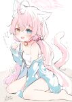  1girl absurdres ahoge animal_ears barefoot between_legs bikini blue_archive blue_eyes blue_jacket blush cat_ears cat_girl cat_tail commentary_request fang hand_between_legs heterochromia highres hoshino_(blue_archive) hoshino_(swimsuit)_(blue_archive) jacket kemonomimi_mode long_hair long_sleeves looking_at_viewer open_mouth paw_pose pink_hair rukako sitting skin_fang smile solo sweatdrop swimsuit tail translation_request twintails wariza white_background white_bikini yellow_eyes 