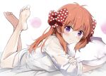  1girl bare_legs barefoot bed_sheet blush bow breasts closed_mouth commentary eyelashes feet feet_up gekkan_shoujo_nozaki-kun hair_between_eyes hair_bow head_tilt highres legs long_hair long_sleeves looking_at_viewer lying no_pants object_hug on_stomach orange_hair pillow pillow_hug purple_eyes rauto red_bow sakura_chiyo shadow shirt sidelocks sleeves_rolled_up smile soles solo the_pose toes white_background white_shirt 