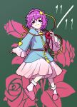  1girl blue_shirt closed_mouth commentary_request dated full_body green_background heart itani_illust komeiji_satori long_sleeves looking_at_viewer messy_hair pink_footwear pink_skirt purple_eyes purple_hair shirt short_hair simple_background skirt slippers socks solo third_eye touhou white_socks 